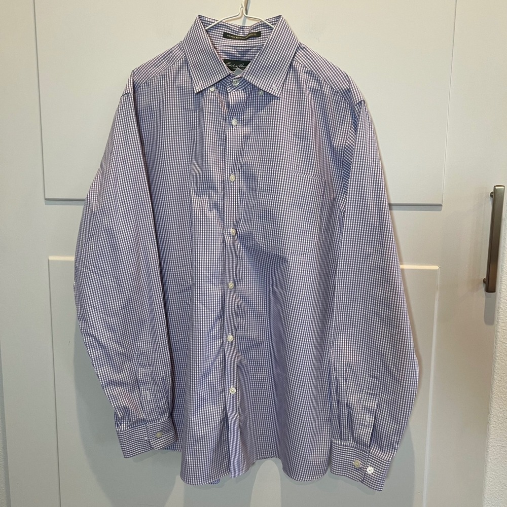 Eddie Bauer Men's L‎ Purple Gingham Check Wrinkle Resistant Relaxed Fit Shirt
